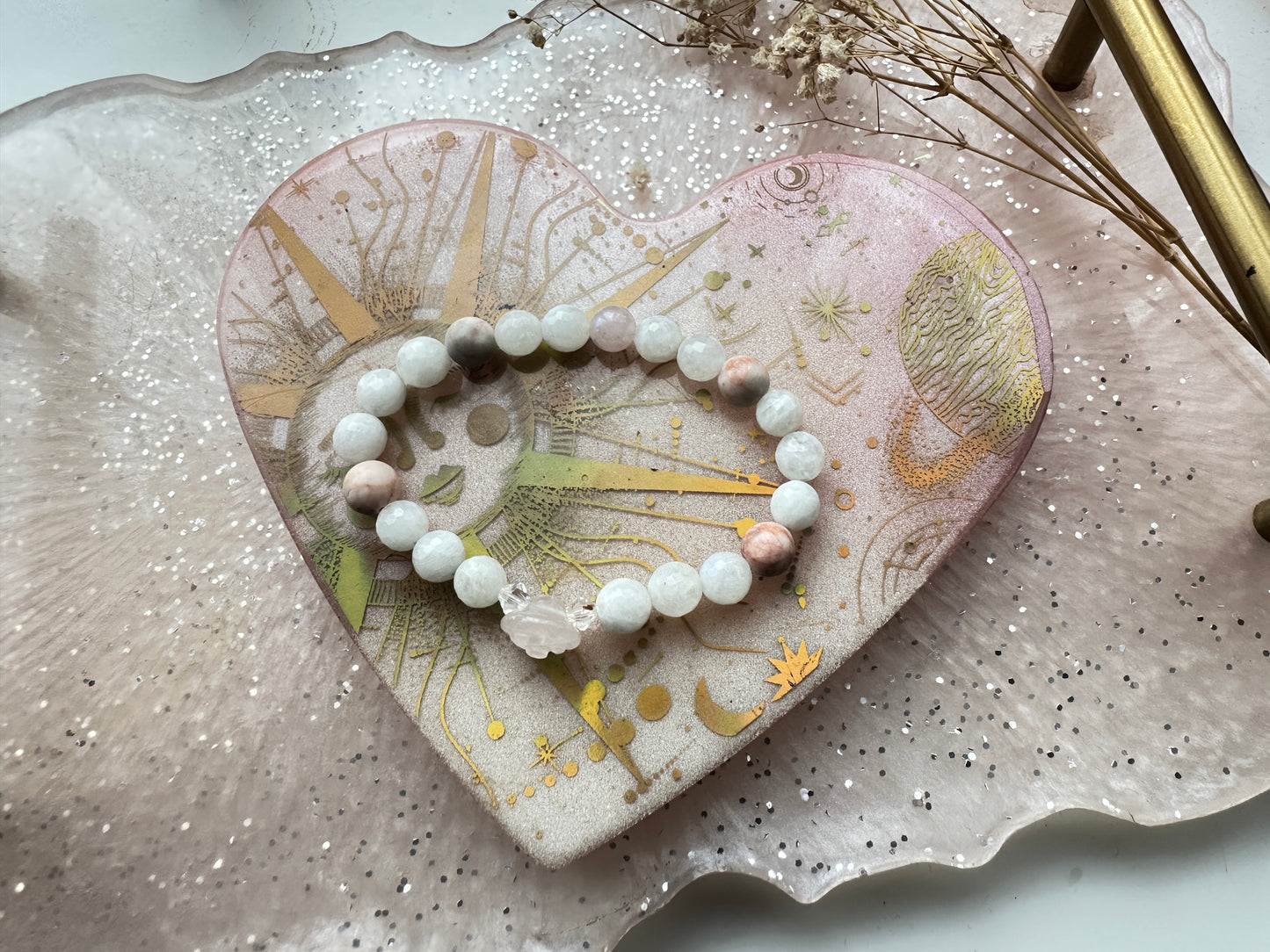 Rose beaded bangle with rainbow moonstone, pink opal and Swarovski crystals