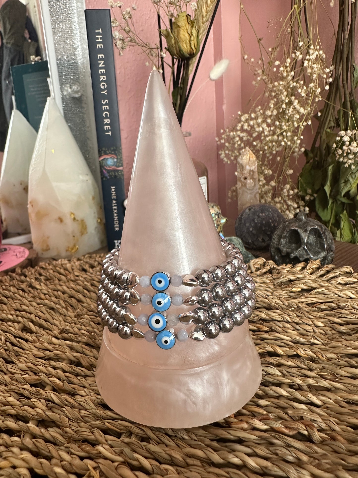 Evil eye silver beaded bangle