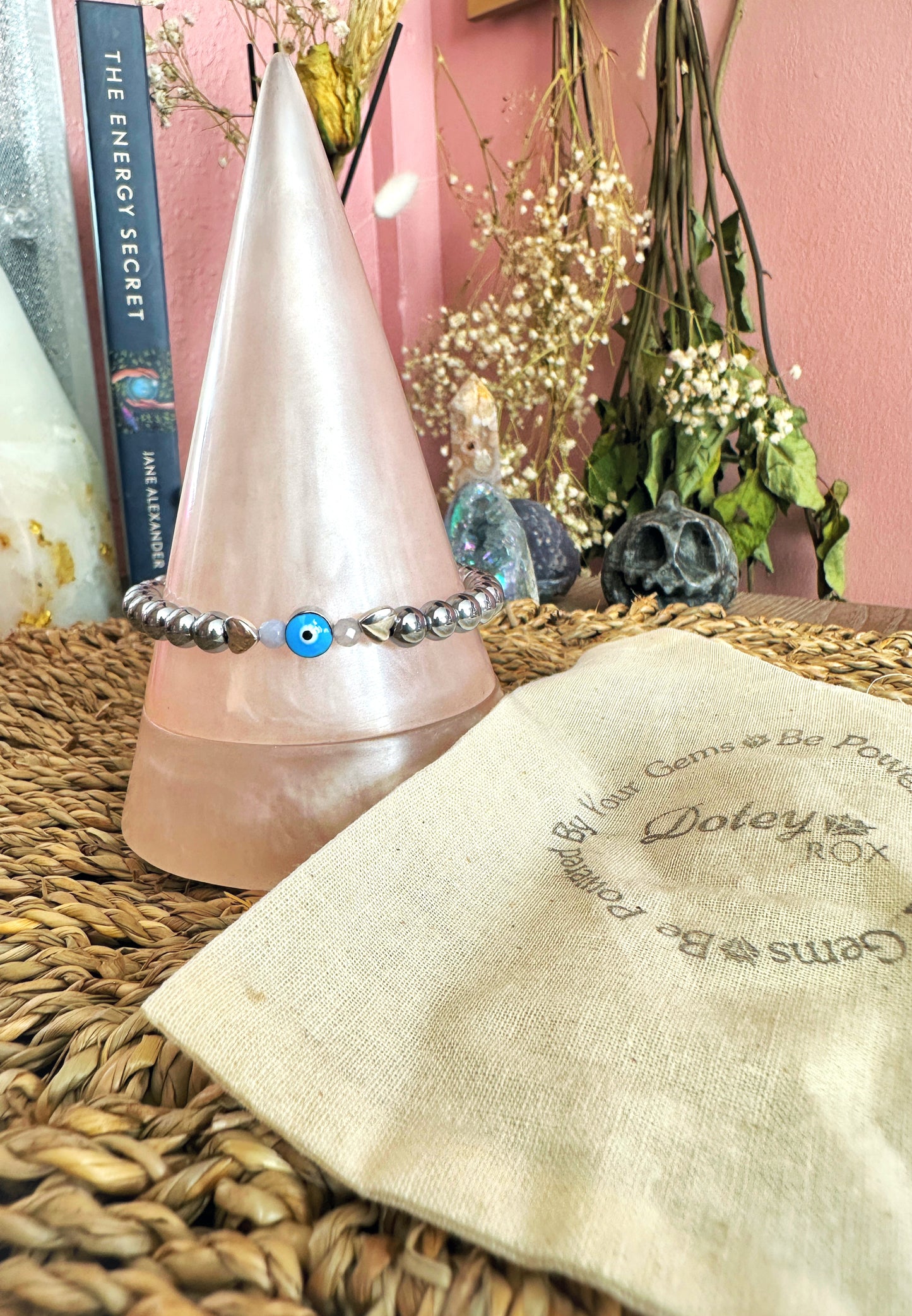 Evil eye silver beaded bangle