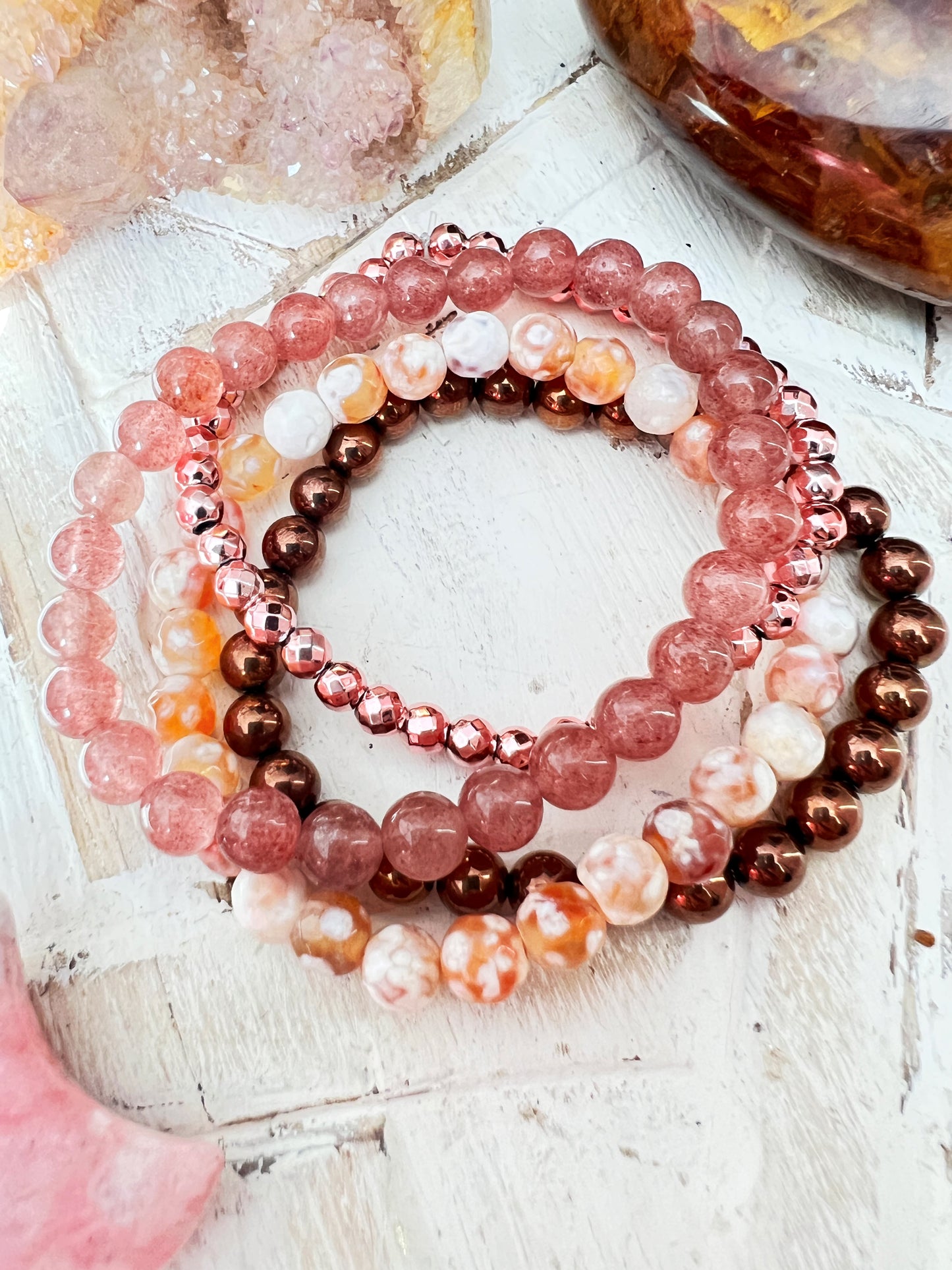 Fire Quartz, copper haematite, pink strawberry Quartz stacker bangle set
