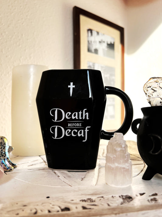 Death before Decaf coffin shaped mug