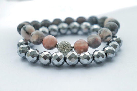 Pink Zebra Jasper + Silver Hematite Duo