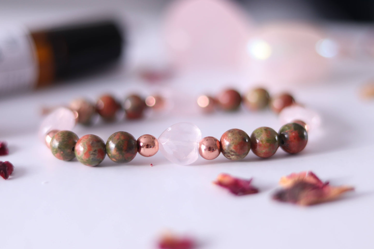 Unakite Jasper, Rose Quartz + Rose Gold Hematite