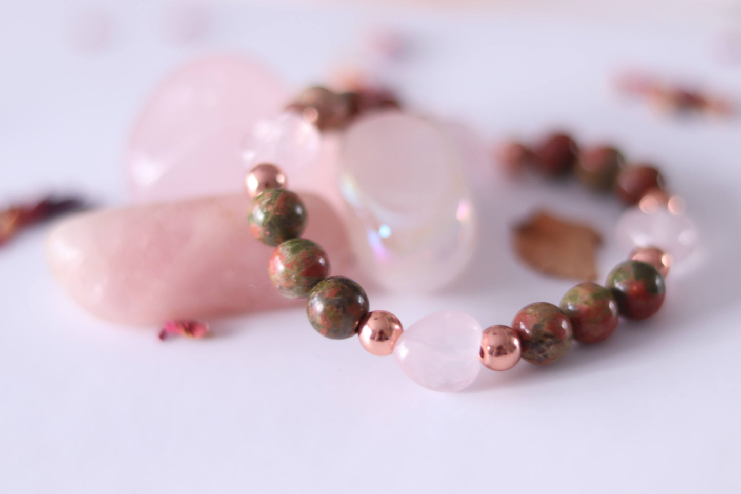 Unakite Jasper, Rose Quartz + Rose Gold Hematite