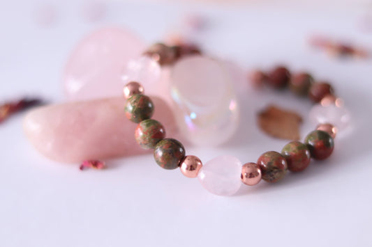 Unakite Jasper, Rose Quartz + Rose Gold Hematite