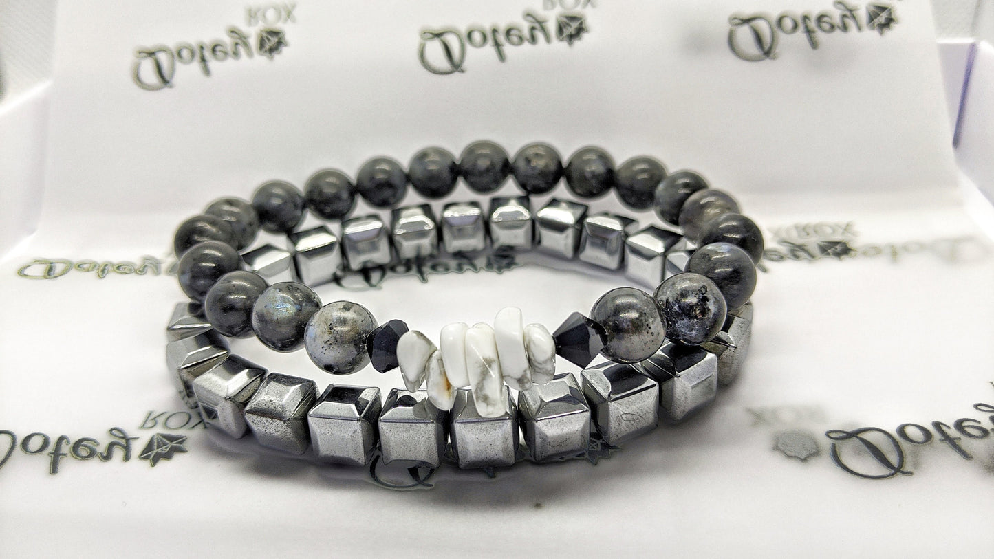 Hematite + Larvikite, Howlite Chip Handmade Bangle