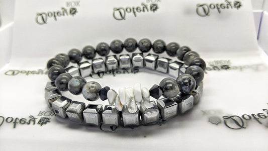 Hematite + Larvikite, Howlite Chip Handmade Bangle