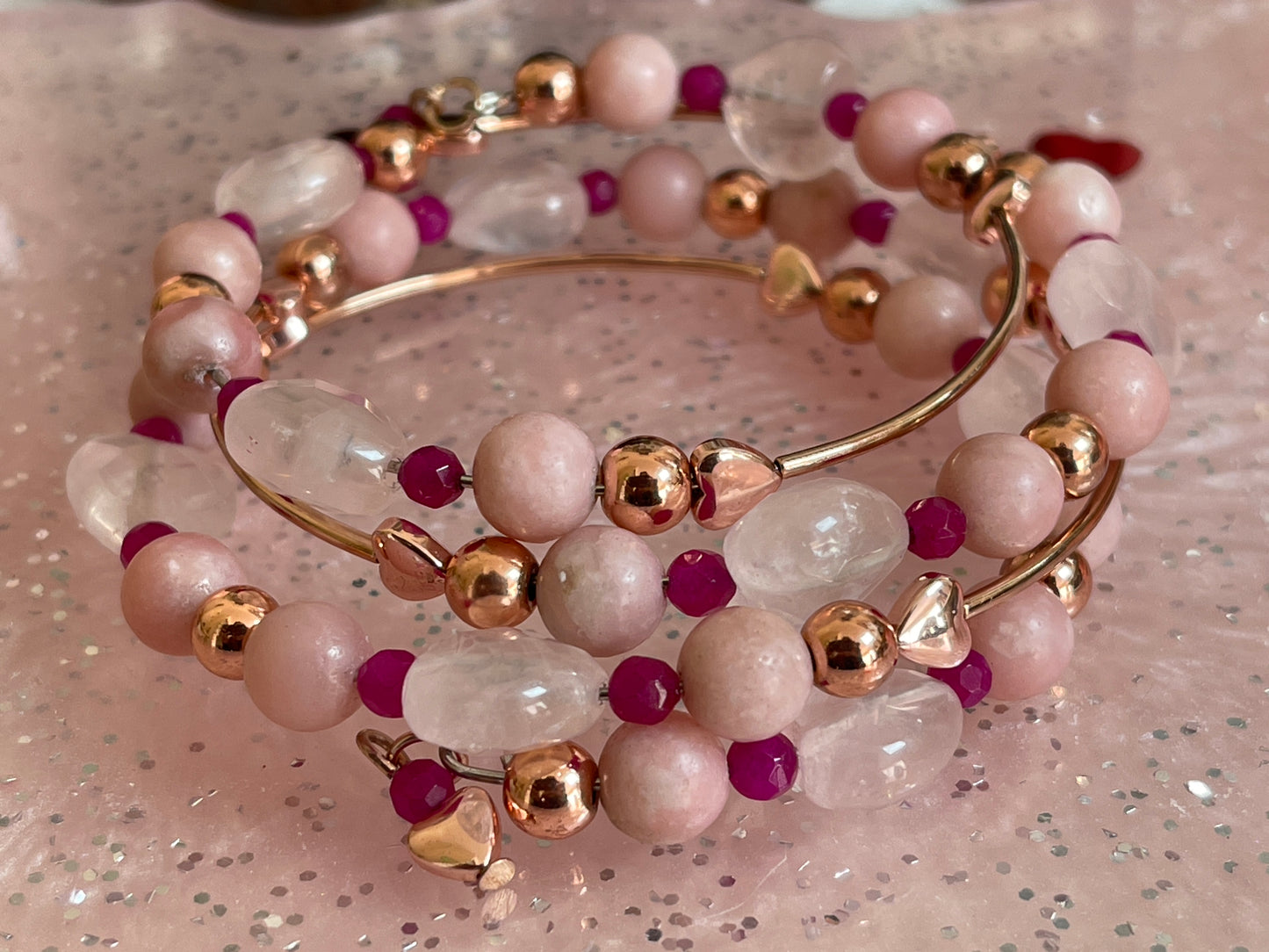 Rose Quartz, Rose gold, Pink Opal & Jade wire bangle