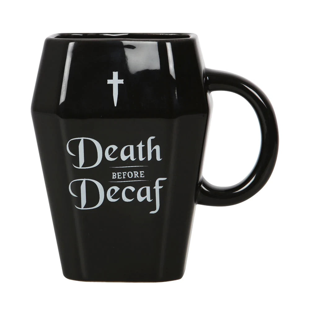 Death before Decaf coffin shaped mug