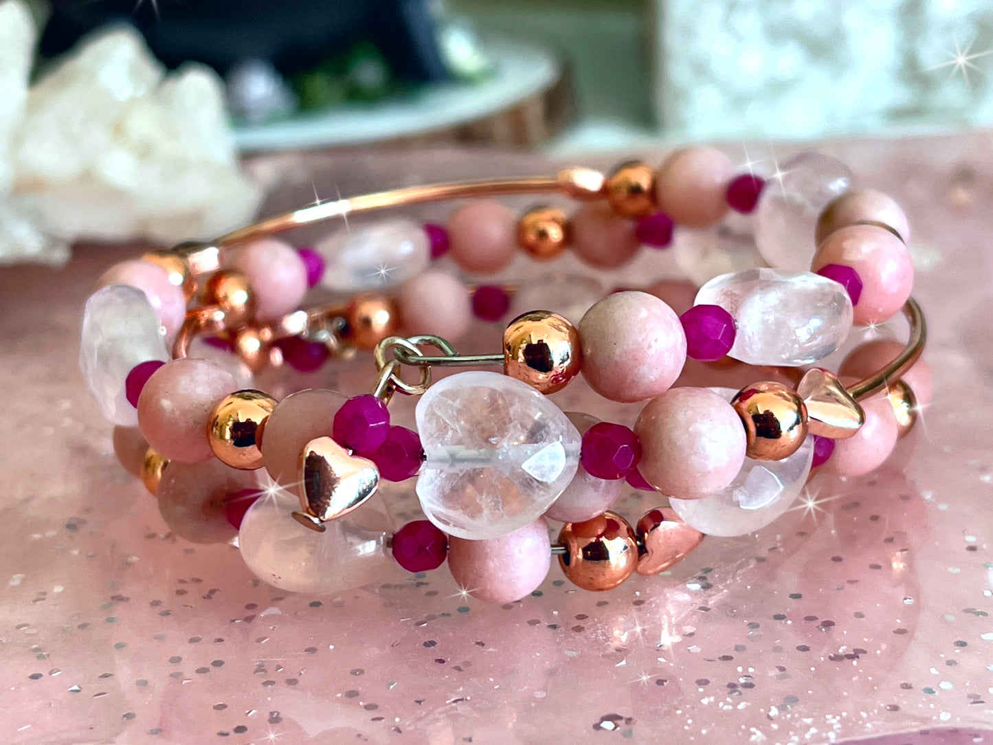 Rose Quartz, Rose gold, Pink Opal & Jade wire bangle